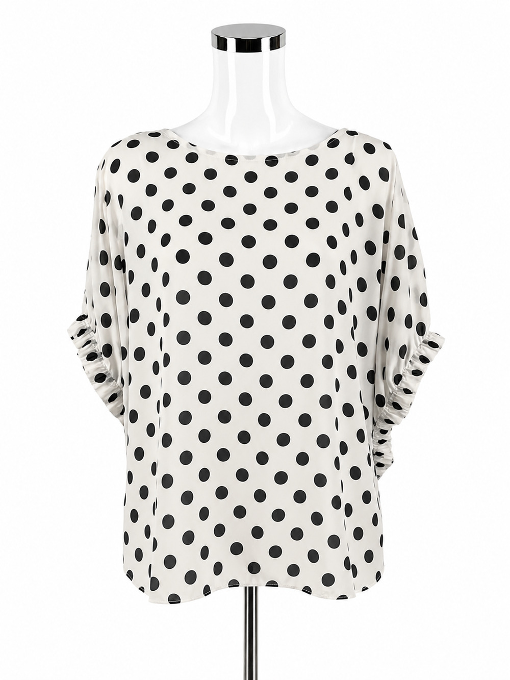 Soprano Polka Dot Ruched Sleeve Blouse White Black NWT Size Medium